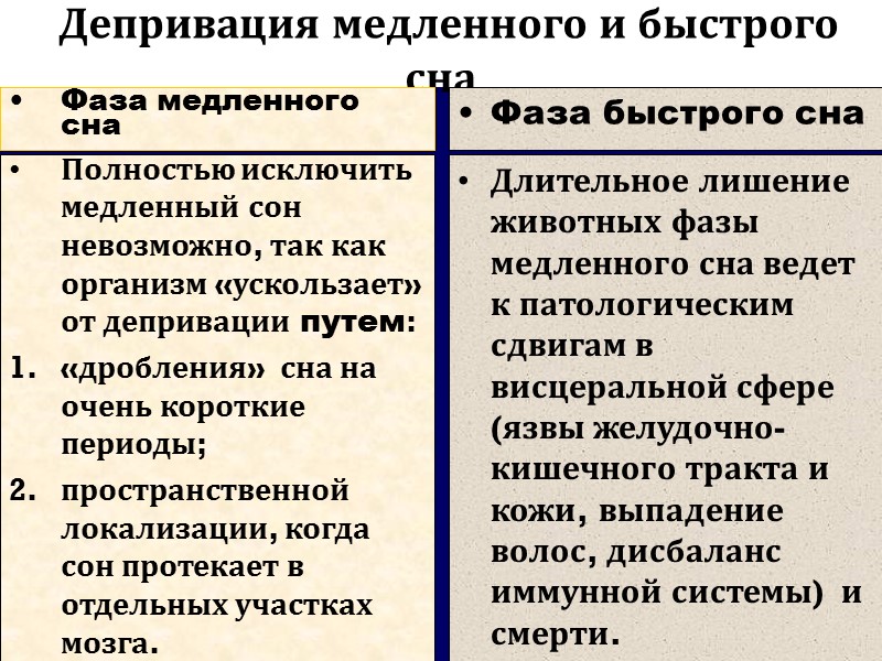 Депривация медленного и быстрого сна   Длительное лишение животных фазы медленного сна ведет